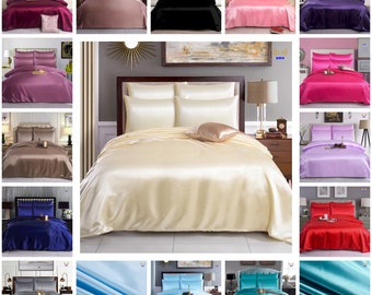 6PCS SATIN SILK COMPLETE Beddding Set Duvet Cover Fitted Sheet 4 Pillow cases