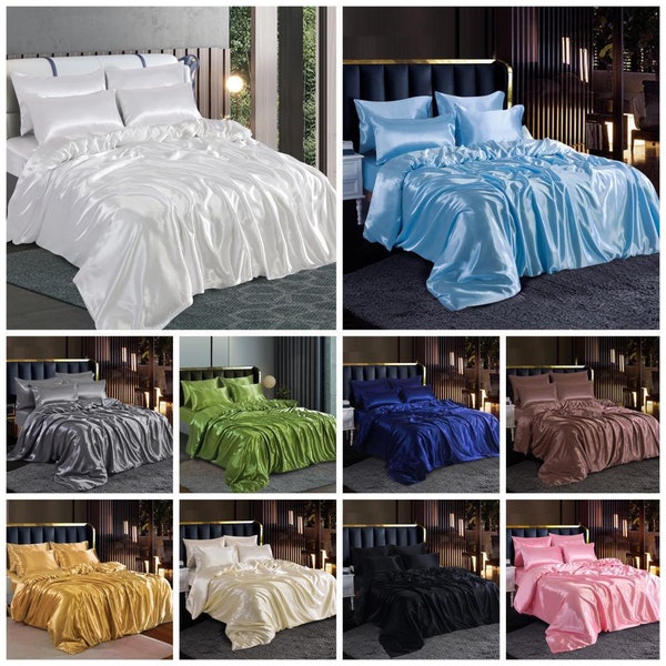 6PCS Satin Duvet Cover Bedding Set Plain Luxury Soft Bed Set Available in Sizes (Single, Double, King and Super King Size) Same Day Dispatch
