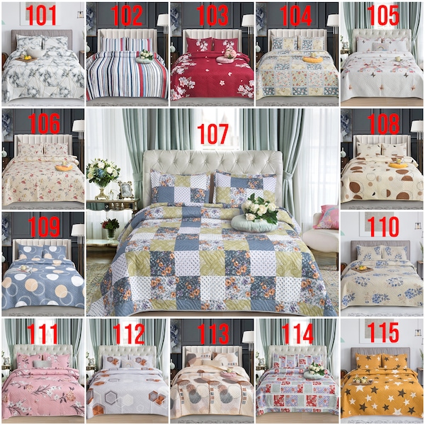 3 Pcs Reversible Bedspread Set with Matching Pillowcase Double-Sided Quilted Coverlet for All Seasons suitable for Double and King Sized Bed