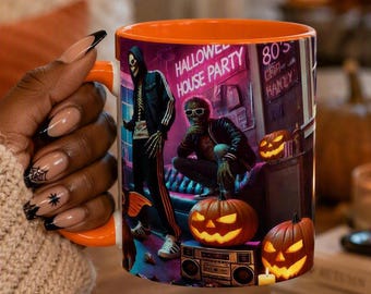 80s Halloween House Party Mug, Retro Horror Coffee Cup, Skeleton Pumpkin Mug, Spooky Season Gift, Neon Halloween Decor