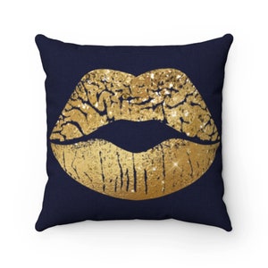 Golden Lip Throw Pillow | Gold and Navy Blue Pillow | Gold Lips Cushion-Decorative Pillows | Accent Pillow | shop holiday gift