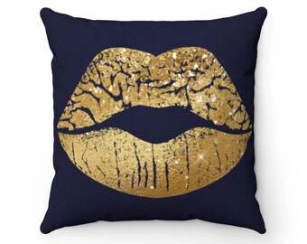 Cuscino per labbra dorate / Cuscino oro e blu navy / Cuscini decorativi per labbra dorate / Cuscino d'accento / regalo per le vacanze in negozio