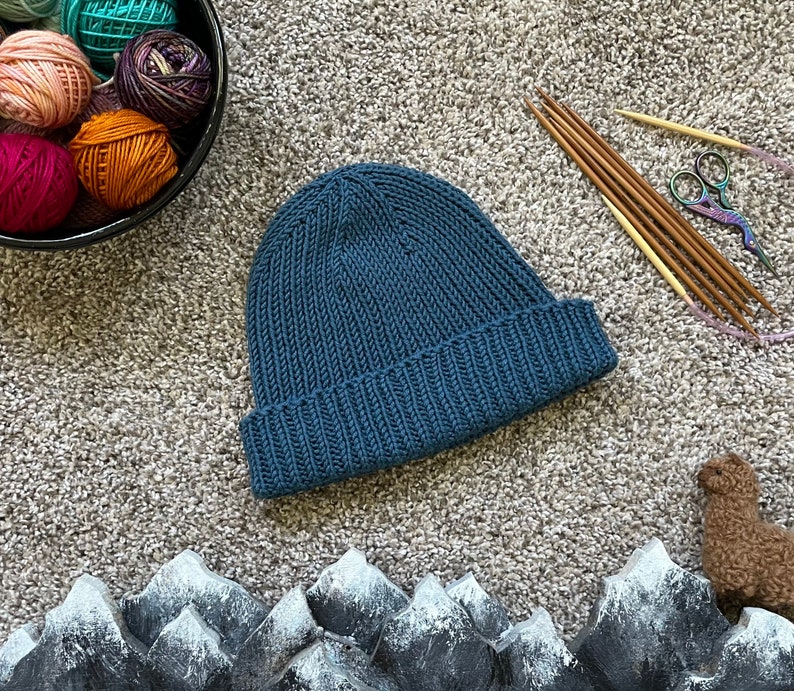 Hand knit merino wool 1x1 rib hat