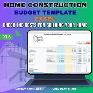 Può includere: Un laptop mostra un modello di budget di costruzione in Excel. Lo schermo mostra un foglio di calcolo con ripartizioni dei costi per la costruzione di una casa. Il testo sullo schermo recita "Construction Budget Template - MY HOUSE".
