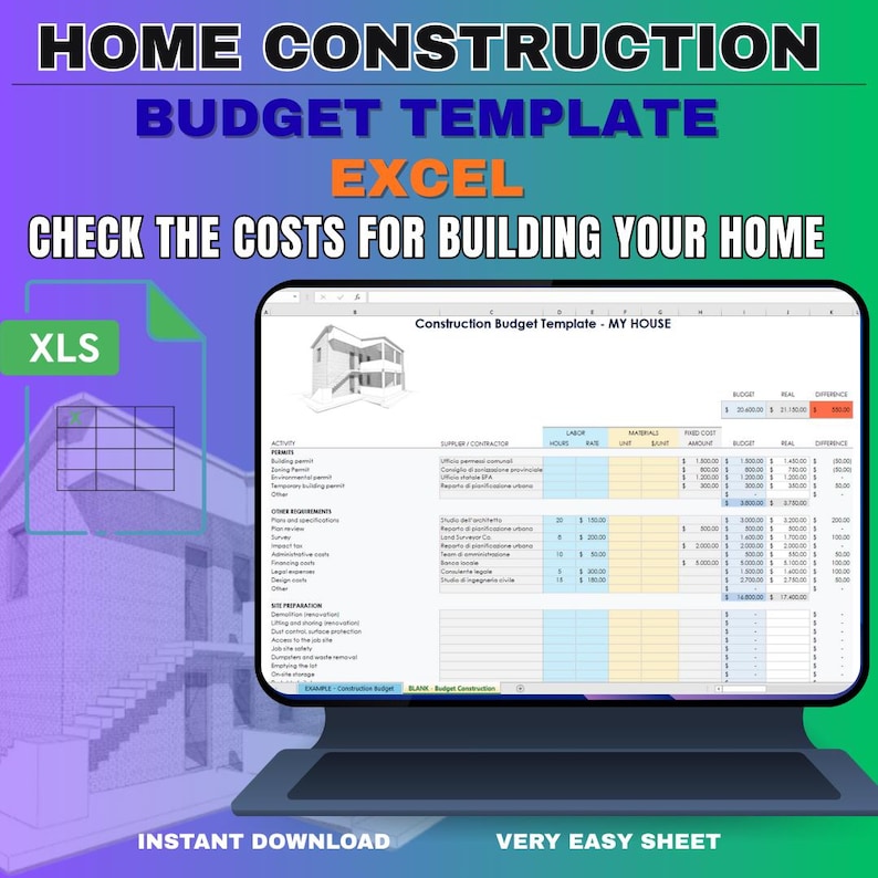 Building Spreadsheet Excel Template Budget Expenses Building House Monitoring Costs of Work ...
