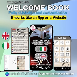 Può includere: Un Welcome Book PDF interattivo, completamente cliccabile e personalizzabile, progettato per funzionare come un'app o un sito web. L'immagine mostra le funzionalità del libro su un laptop e due smartphone, con navigazione intuitiva.