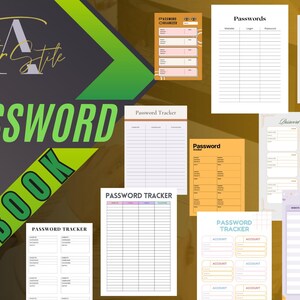 May include: A collection of printable password tracker templates. The templates are in various colors and designs, including a yellow template with the word "Password" in a black box, a purple template with the words "Password Tracker" in a black box, and a white template with the words "Password Tracker" in a black box.