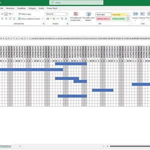 May include: A spreadsheet with a Gantt chart showing project timelines. The chart is color-coded with blue bars representing tasks and red lines indicating deadlines. The spreadsheet is labeled "Calendario di Presentazioni" which translates to "Presentation Calendar".