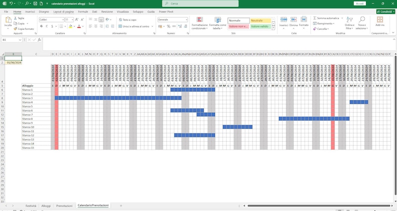 May include: A spreadsheet with a Gantt chart showing project timelines. The chart is color-coded with blue bars representing tasks and red lines indicating deadlines. The spreadsheet is labeled "Calendario di Presentazioni" which translates to "Presentation Calendar".