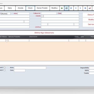 Pode incluir: Uma captura de tela de uma interface de software intitulada "Gestione Fatture" (Gerenciamento de Faturas). A interface apresenta v&aacute;rios campos de entrada, bot&otilde;es como "Nuova Fattura" (Nova Fatura) e outras op&ccedil;&otilde;es para gerenciar dados financeiros.