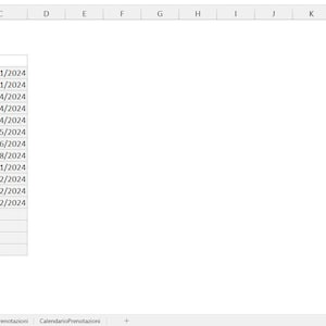 May include: A spreadsheet with the headings "Anno", "Giorno", "Mese", and "Data". The spreadsheet shows dates from January 1, 2024 to December 26, 2024.