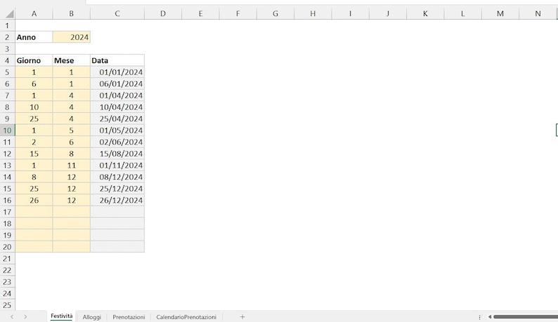 May include: A spreadsheet with the headings "Anno", "Giorno", "Mese", and "Data". The spreadsheet shows dates from January 1, 2024 to December 26, 2024.
