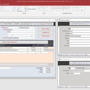 Pode incluir: Captura de tela de uma interface de programa de computador com v&aacute;rias janelas abertas. A janela principal exibe um formul&aacute;rio de fatura com informa&ccedil;&otilde;es do cliente e descri&ccedil;&otilde;es de produtos. Outras janelas mostram detalhes de contato e de produtos.