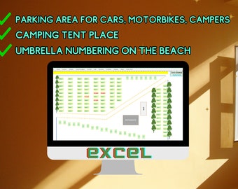 Excel software Parking area for cars motorbikes campers tent space for camping counting of beach umbrellas, management and organize count