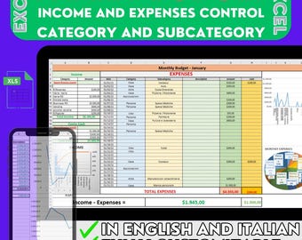 Family budget Excel management by category and subcategory expenses income personal couple work home holiday hobby marriage