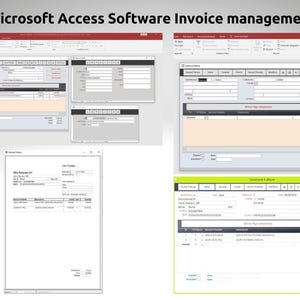 Pode incluir: Capturas de tela da interface do software Microsoft Access para gerenciamento de faturas. V&aacute;rias janelas exibem formul&aacute;rios e campos de entrada de dados. O texto "Microsoft Access Software Invoice management" est&aacute; no topo.