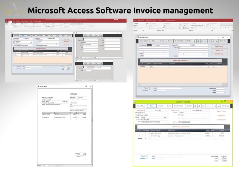 Pode incluir: Capturas de tela da interface do software Microsoft Access para gerenciamento de faturas. V&aacute;rias janelas exibem formul&aacute;rios e campos de entrada de dados. O texto "Microsoft Access Software Invoice management" est&aacute; no topo.