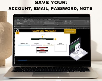 May include: A laptop screen displaying a spreadsheet with the title "Password Manager". The spreadsheet has columns for website URL, category, email, and notes. The spreadsheet is designed to help users organize their passwords. The laptop is on a white table with a brown vase in the background. The text "EXCEL" and "XLS" are visible in the lower right corner of the image.