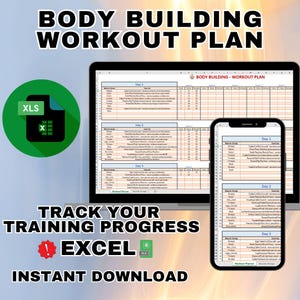 Excel-kalkylblad, träningsplan, anpassningsbar mall, bodybuildingövningar, muskelgrupper, gym, framstegsblad