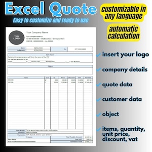 Op de afbeelding: Een digitaal Excel-offerte sjabloon met een blauw en wit ontwerp. De sjabloon bevat velden voor bedrijfsgegevens, klantgegevens en gedetailleerde prijzen. Tekst op de afbeelding zegt "Excel Quote" en "Eenvoudig aan te passen en klaar voor gebruik."