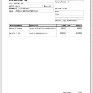 Pode incluir: Uma fatura digital da Mia Azienda Srl, datada de 21 de janeiro de 2022. O documento lista servi&ccedil;os, incluindo um leitor de DVD e uma m&aacute;quina de lavar de 5 kg, com os custos e quantidades associados. O IVA total &eacute; de 22%.