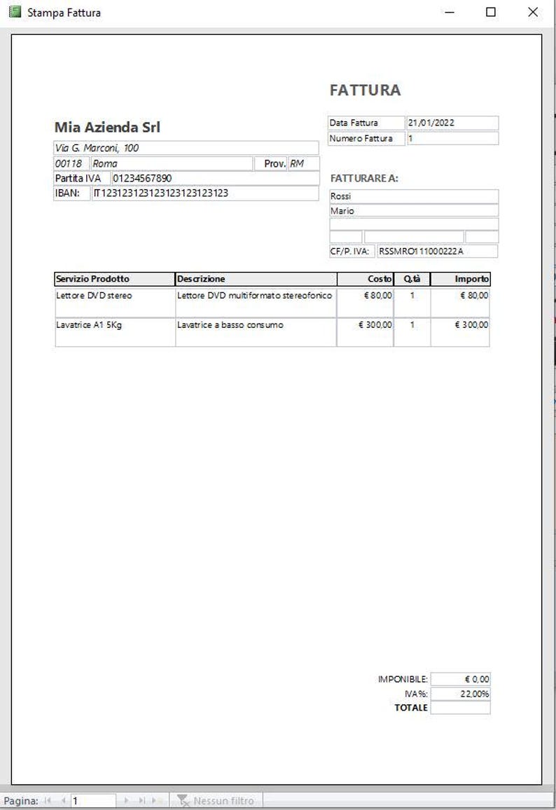 Pode incluir: Uma fatura digital da Mia Azienda Srl, datada de 21 de janeiro de 2022. O documento lista servi&ccedil;os, incluindo um leitor de DVD e uma m&aacute;quina de lavar de 5 kg, com os custos e quantidades associados. O IVA total &eacute; de 22%.