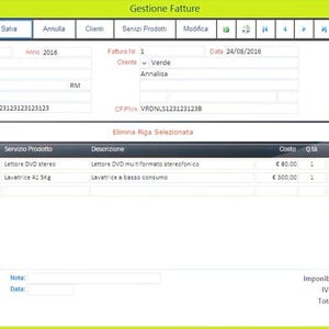 Pode incluir: Uma captura de tela de um aplicativo italiano de gerenciamento de faturas. A interface exibe campos para detalhes da empresa, n&uacute;mero da fatura e informa&ccedil;&otilde;es do cliente. Uma tabela lista descri&ccedil;&otilde;es de produtos, custos e totais. A interface est&aacute; em italiano.
