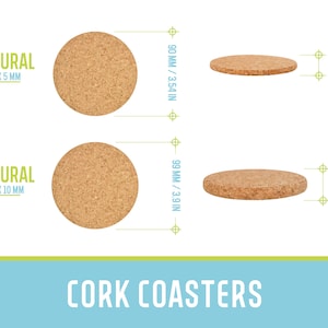 May include: Two cork coasters, one measuring 3.54 inches in diameter and 0.19 inches thick, and the other measuring 3.9 inches in diameter and 0.39 inches thick. The coasters are made of natural cork and are labeled "Natural".