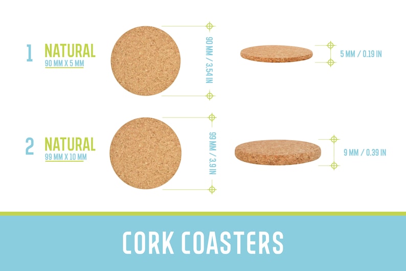 May include: Two cork coasters, one measuring 3.54 inches in diameter and 0.19 inches thick, and the other measuring 3.9 inches in diameter and 0.39 inches thick. The coasters are made of natural cork and are labeled "Natural".