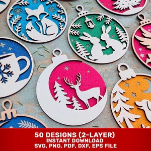 50 lager julgransprydnad SVG-paket, laserskurna filer, 3D-julgransdekor, Glowforge SVG, digital nedladdning
