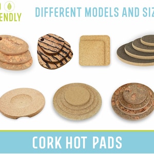 Puede incluir: Conjunto de posavasos de corcho en varias formas y tamaños, incluyendo redondo, ovalado y cuadrado. Los posavasos están hechos de corcho natural y son ecológicos.  "Diferentes modelos y tamaños" y "Posavasos de corcho" están escritos en la imagen.