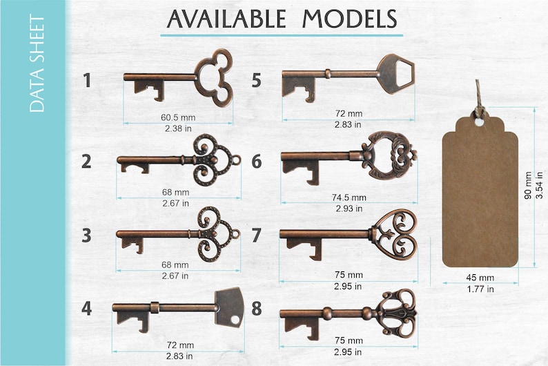 Puede incluir: Ocho estilos diferentes de llaveros abrelatas de estilo antiguo. Cada llavero est&aacute; hecho de metal y presenta un dise&ntilde;o &uacute;nico. Los llaveros se muestran sobre un fondo de madera clara. Las medidas de cada llavero se indican en pulgadas y mil&iacute;metros.