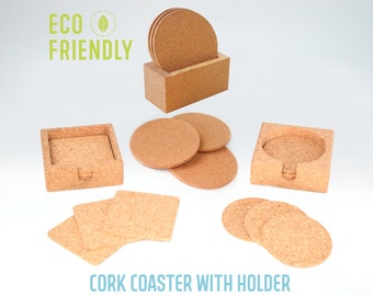 Conjunto de 6 porta-copos de cortiça com suporte, em branco para gravação a laser.