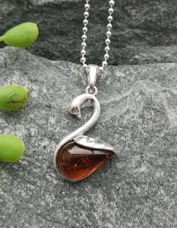 NATURAL BALTIC AMBER STERLING SILVER 925 Swan PENDANT CHAIN NECKLACE Certified NATURAL BALTIC AMBER STERLING SILVER 925 Swan PENDANT CHAIN NECKLACE Certified