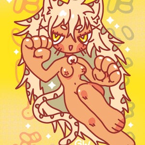 May include: A cartoon illustration of a light-skinned cat with long white hair, wearing a pink collar with a pearl. The cat is in a playful pose with its paws raised, against a yellow background with paw prints and stars.