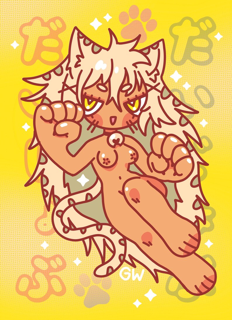 May include: A cartoon illustration of a light-skinned cat with long white hair, wearing a pink collar with a pearl. The cat is in a playful pose with its paws raised, against a yellow background with paw prints and stars.