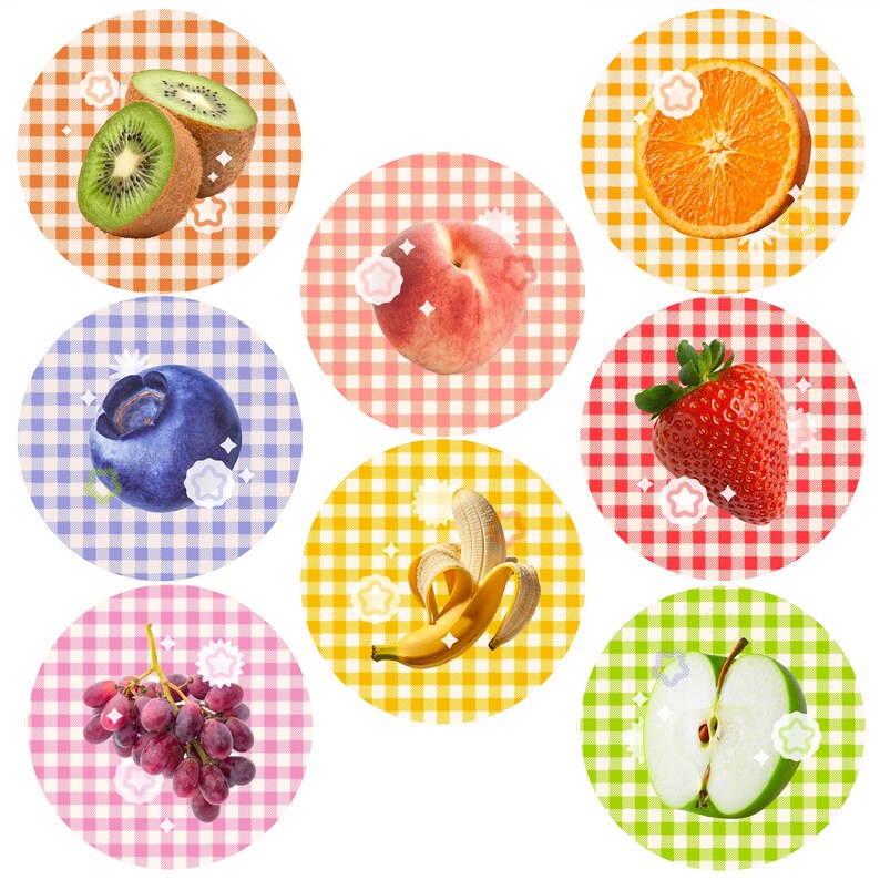 May include: A collection of colorful fruit images, including kiwi, orange, strawberry, banana, apple, peach, blueberry, and grapes. Each fruit is set on a round, checkered background with a star-shaped sparkle effect.