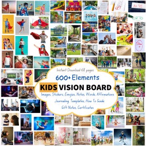 Kit de tableau de visualisation pour enfants | Plus de 600 éléments, cartes de vœux, autocollants, modèles, agenda d'objectifs imprimable | Téléchargement numérique, kit Vision Board