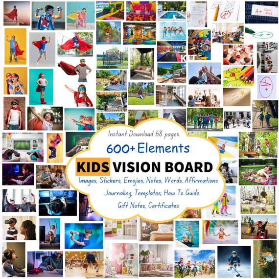 Kids Vision Board Kit Printable, Growth Mindset Activity, 600+ Elements & Affirmation Cards, Goal Setting for Kids, Homeschool Resource
