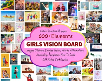 Girls Vision Board Kit, Digital Download, 600+ Elements, Goal Planner, Affirmation Cards, Self-Esteem Journal, Motivational Stickers