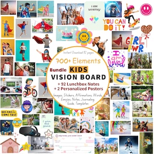 Kids Vision Board Kit | 700+ Printable Elements for Goal-Setting, Confidence | Affirmation Posters, Stickers, Journaling, Self-Esteem Notes