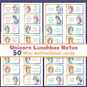 Notas para la lonchera de unicornio para niños, mensajes alentadores, inspiración para niños, motivación para niños, imprimibles para la vuelta al cole, tarjetas imprimibles