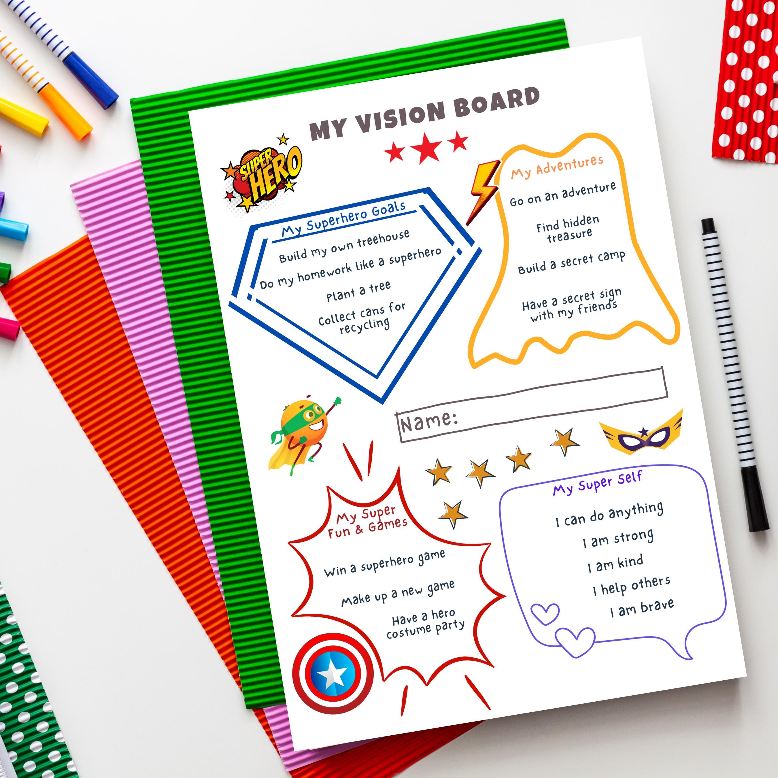 Vision Activity Outline Kids Vision Board Template, Printable Goal Setting, Superhero ...