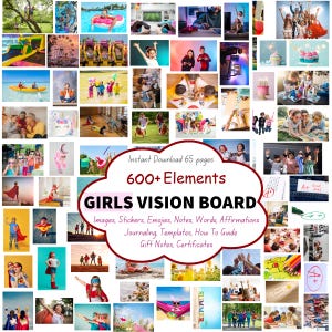 Girls Vision Board Kit, digitaler Download, 600+ Elemente, Zielplaner, Affirmationskarten, Selbstwertgefühl-Journal, Motivationsaufkleber