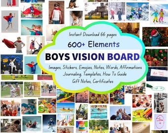 Boys Vision Board Kit, 600+ Elements, Printable Goal Planner, Affirmation Cards, Stickers, Journaling Pages, Boys Motivation Cutouts