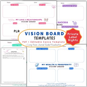 May include: A set of printable vision board templates with a pink, blue, and white color scheme. The templates are designed for personal growth and include categories such as love & relationships, success, wealth & prosperity, and lifestyle. The text "Vision Board Templates" is in a large, bold font.