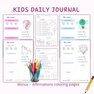 Puede incluir: Un conjunto de páginas de diario diario para niños imprimibles con páginas para colorear que presentan afirmaciones. Las páginas incluyen indicaciones para que los niños escriban sobre sus sentimientos, por lo que están agradecidos y qué desean. Las páginas para colorear presentan unicornios, globos aerostáticos y una pelota de baloncesto.