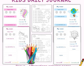 KIDS Daily Journal, KIDS Gratitude, KIDS Affirmations Coloring Page, Kids Mood Tracker, Kids Journal, Kids Affirmations, Kids Motivation