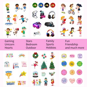 May include: A set of colorful iron-on patches featuring various themes, including gaming, sports, friendship, and more. The patches feature images of video game controllers, sports equipment, and children playing. The patches also include motivational phrases like "Never Give Up" and "You Can Do It!"