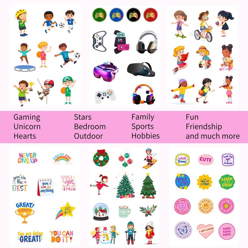May include: A set of colorful iron-on patches featuring various themes, including gaming, sports, friendship, and more. The patches feature images of video game controllers, sports equipment, and children playing. The patches also include motivational phrases like "Never Give Up" and "You Can Do It!"
